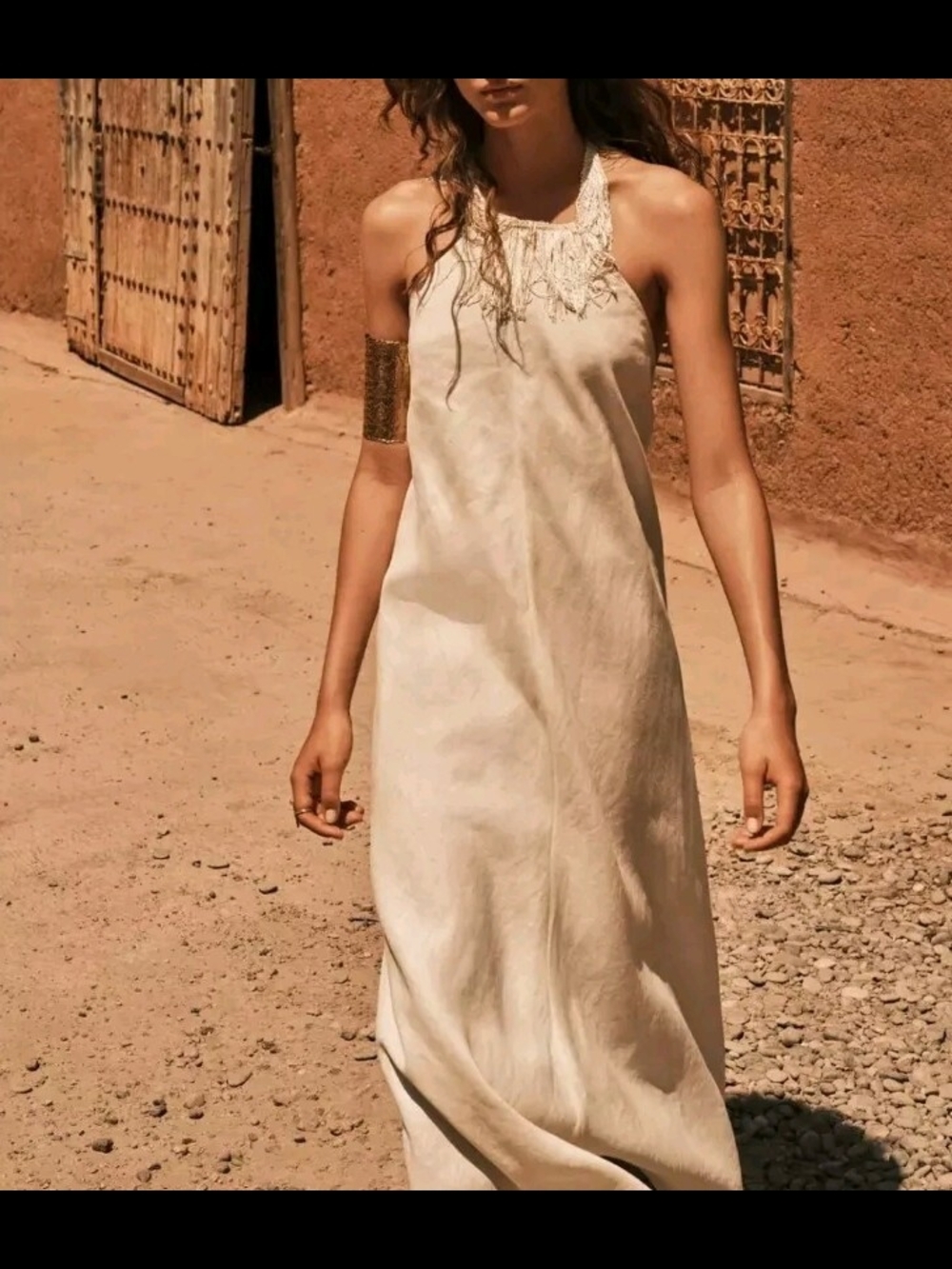 ZARA Beige Ecru Long Fringed 100% Linen Halter Dress Size XS Bloggers Fav